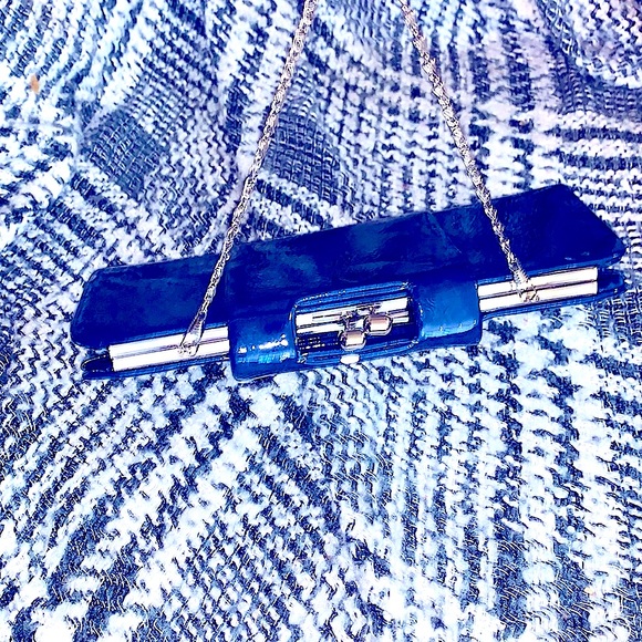 DiY Glam Clutch-Shoulder Handbag Navy Silver Fold Over Snap Closure+Silver Chain - Picture 5 of 16
